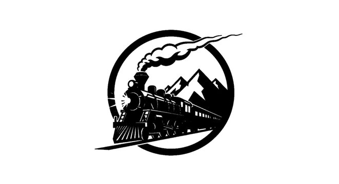 Minimal black silhouette icon, simple flat vector, bold black shape, no, no shading vintage steam locomotive train traveling through mountain landscape logo on a, flat icon style