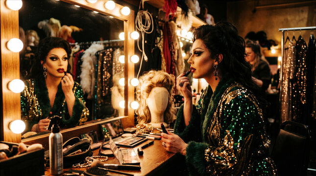 Drag Queen Applying Lipstick at Vanity Mirror in Dressing Room