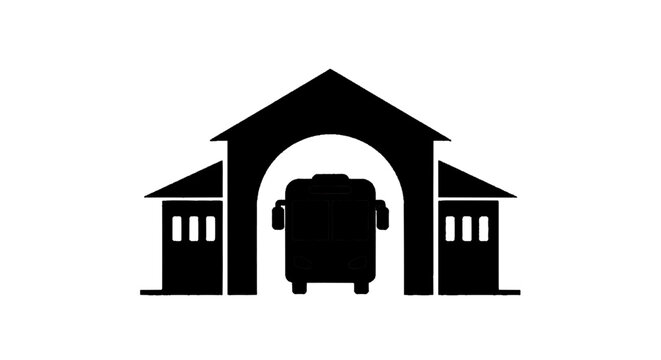 Minimal black silhouette icon, simple flat vector, bold black shape, no, no shading bus station icon, bus terminal building symbol, vector illustration on a, flat icon style