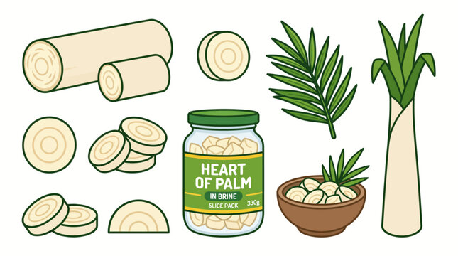 Heart of Palm Cartoon Vector Set with Whole Stalks, Sliced Rounds, Jar in Brine, Palm Leaves and Bowl Isolated on White