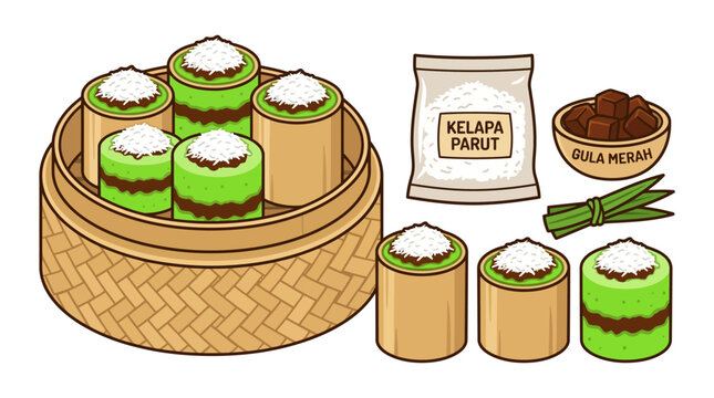 Traditional Indonesian green kue putu steamed cake vector illustration set
