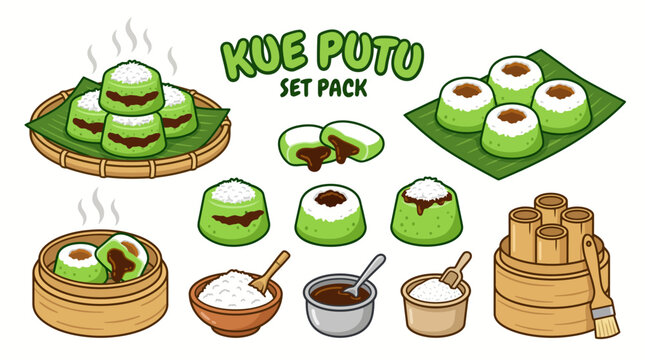 Cartoon Set Pack of Indonesian Kue Putu Steamed Rice Cakes With Palm Sugar and Coconut Isolated on White Background
