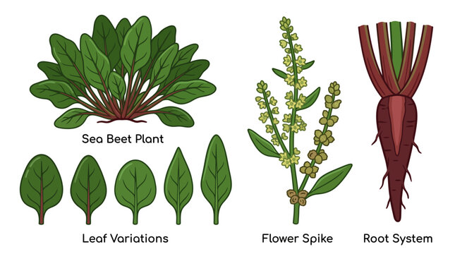 Sea beet plant vector illustration set pack with leaf variations, flower spike, and root system in cartoon style