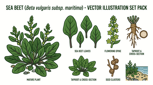 Sea Beet Beta Vulgaris Subsp Maritima Vector Illustration Set with Plant, Leaves, Flowers, Taproot and Seeds
