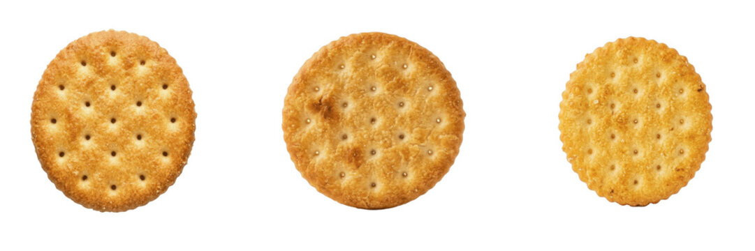 Set of a single baked round golden cracker with a scalloped edge and salt crystals, a classic savory snack for cheese and dips, isolated on a transparent background.