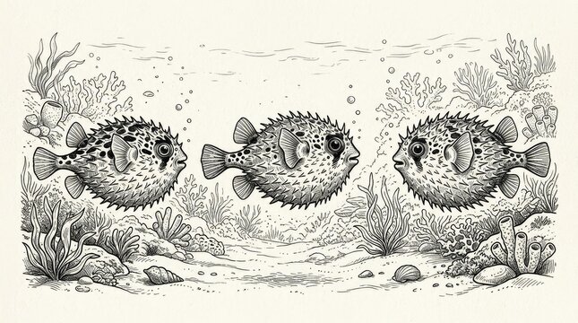 Intricate Black and White Illustration of Three Spiny Pufferfish in an Underwater Coral Reef Landscape