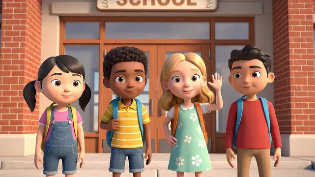 Animated School Children in Front of Brick Building With Backpacks and Smiling Faces Ready for Academic Learning