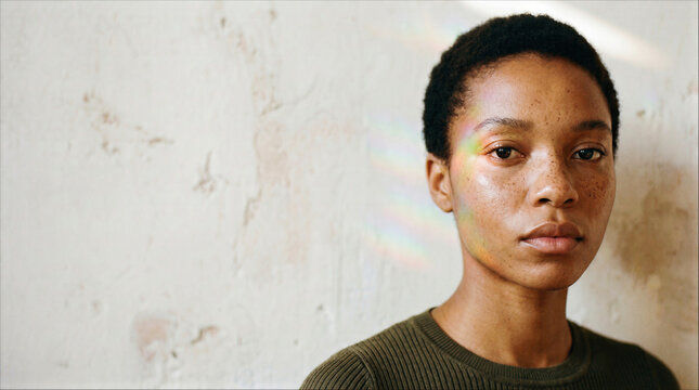Portrait of a young Black woman with natural short hair and freckles, soft rainbow light reflection on face, looking at camera against a neutral textured wall.