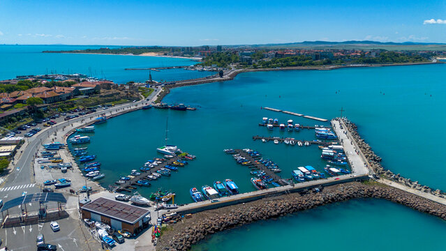 Aerial Drone View of Nesebar North Marina Harbor with Boats and Isthmus in Bulgaria