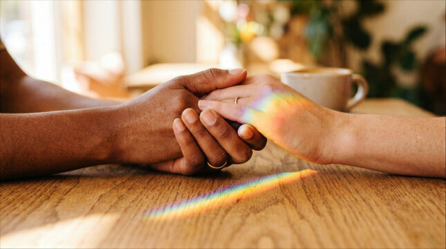 Close up of interracial couple holding hands on wooden table with rainbow light refraction