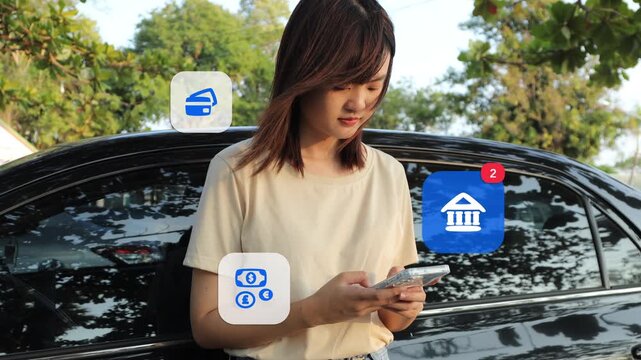 A young East Asian woman uses a mobile banking application on her phone next to her car, with digital credit card, finance graphics, and chat bubbles popping up.