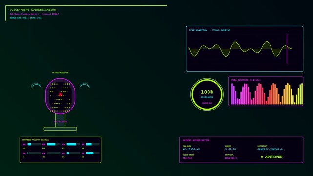 a biometric payment verification system interface displays vocal frequency progression and increasing authentication levels with green neon glowing indicators on a dark digital monitor screen
