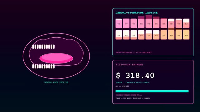 Biometric payment verification sequence showing a dental scan profile process with an expanding progress bar visualized through glowing neon graphical user interface digital screen elements