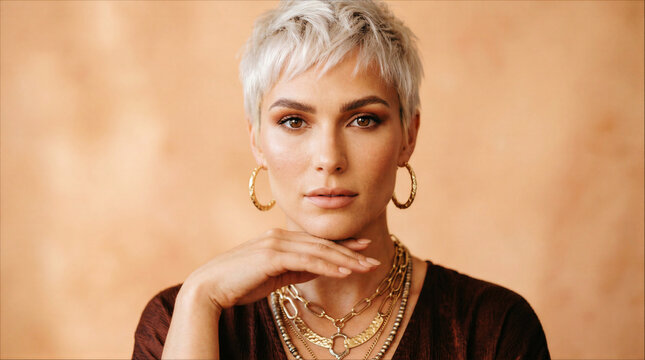 Portrait of a confident woman with short blonde pixie hair wearing gold hoop earrings and layered necklaces, warm studio lighting