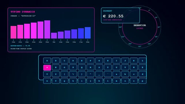 Digital biometric payment verification interface shown in a dark room with floating neon charts and a glowing virtual keyboard displaying rapid sequence of alphanumeric characters