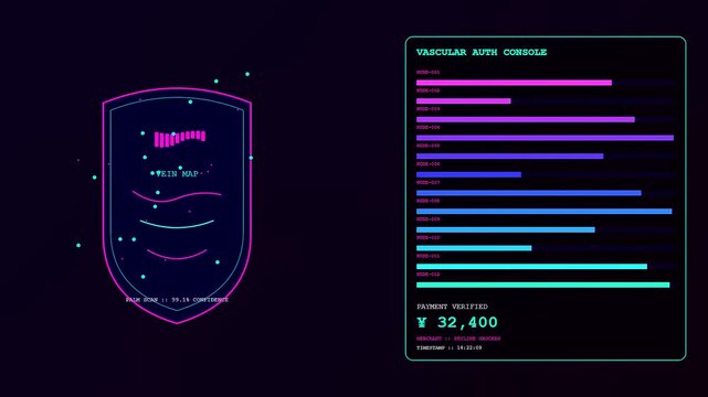 A biometric payment verification process displayed on a digital screen featuring glowing neon pink and blue interface graphics showing scanning progress with currency transaction status symbols