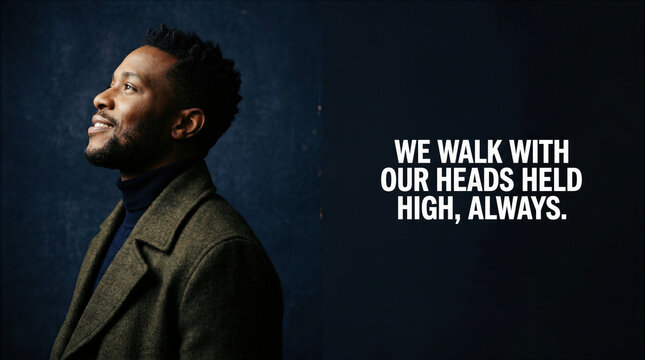 Profile portrait of a proud Black man looking up with inspirational quote "We walk with our heads held high, always" on a dark background.