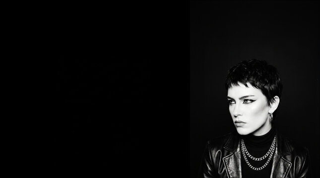 Black and white portrait of an edgy woman in leather jacket and silver chains