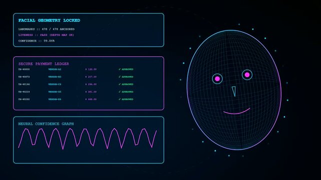 A digital biometric payment verification process displaying facial grid tracking patterns and secure financial data logs shown within a shifting neon interface for modern authentication systems