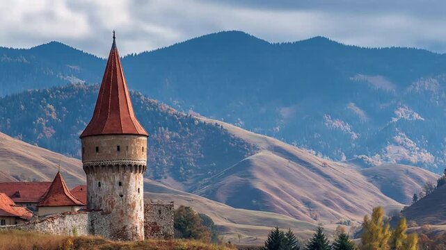 Historic fortified stone tower with a distinctive red conical roof set against rolling autumn mountains and a clear sky.