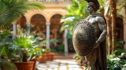 Obraz premium Ancient Greek Statue Holding Shield in Tropical Garden Courtyard