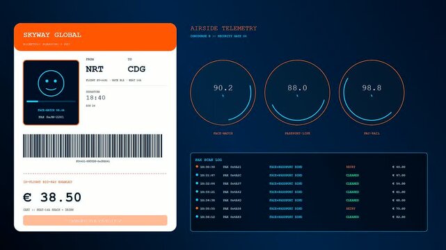 Biometric payment verification interface displaying flight status updates with numeric telemetry graphs and digital scan logs on a dark screen for modern aviation traveler terminal systems