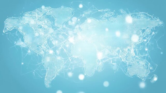 Abstract blue world map with glowing network connections, global communication, and digital technology background