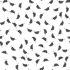 Fototapeta premium Seamless pattern of small black minimalist leaves on a white background, perfect for textile or wallpaper design.