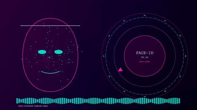 A digital biometric payment verification system scans a glowing abstract oval face pattern with oscillating frequency waves moving slowly across a deep purple electronic interface display