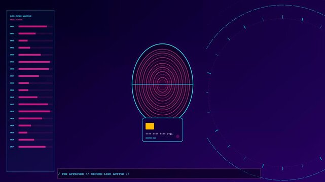 Digital biometric payment verification interface featuring swirling light patterns and credit card icons displayed on a dark purple grid for financial security and consumer authentication