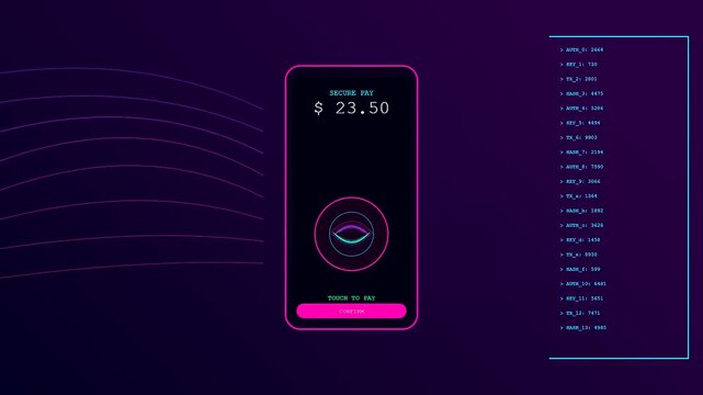 A biometric payment verification process displayed on a smartphone screen showing digital transaction lines with pink and blue glowing interface elements for secure financial digital interactions