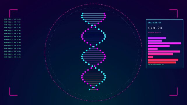 Digital dna helix structures displaying biometric payment verification screens with flowing data metrics in a virtual interface setup reflecting modern financial security systems on dark monitors