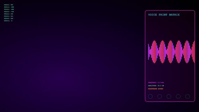 Biometric payment verification displayed on a digital interface featuring a glowing pink gradient smart card and oscillating sound wave frequencies for secure financial transaction validation systems