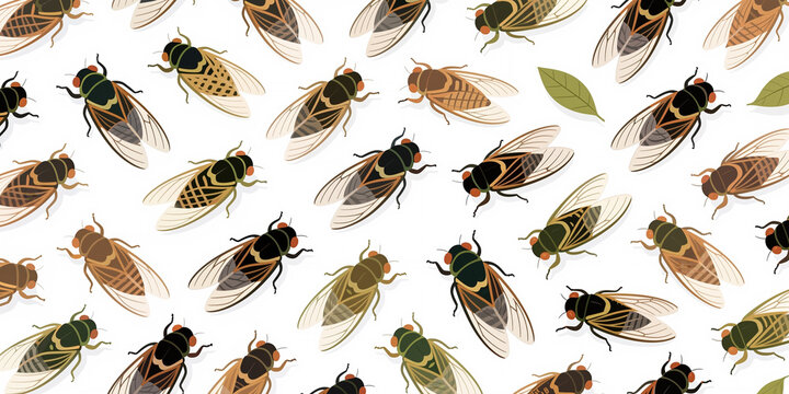 A repeating pattern of various colored cicadas with white semi-transparent wings and some green leaves on a white background in a digital illustration style.