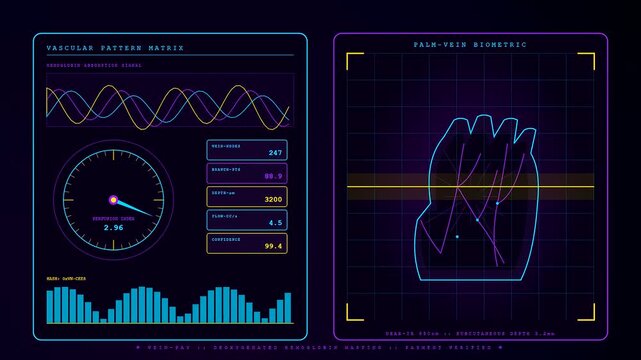Digital biometric payment verification interface displays pulsing vascular patterns with fluctuating circular gauges and blue grid lines on a dark monitor during active system data scanning