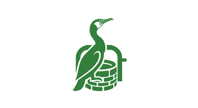 Green heron logo with barrel and water illustration.