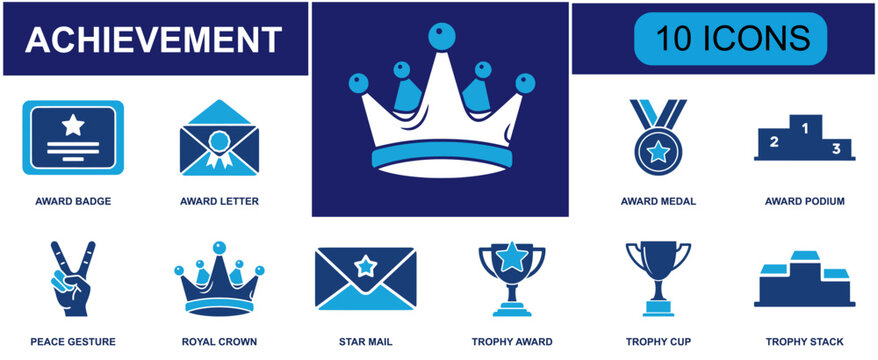 Achievement and award icon set. Containing award badge, award letter, royal crown, award medal, podium, peace gesture, star mail, trophy cup, trophy award and more. Solid fill vector icons.