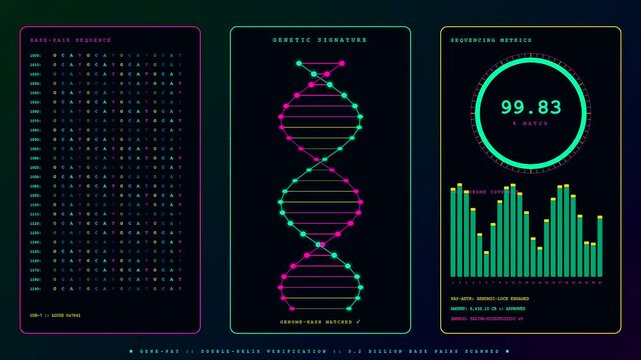 Biometric payment verification screens showing colorful dna helix structures and numeric matching percentages during a scanning process in a virtual digital interface for medical authentication