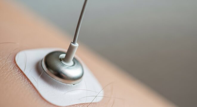 Extreme close up of a medical ECG electrode patch attached to skin. Macro shot of sensor wire connection for heart monitoring