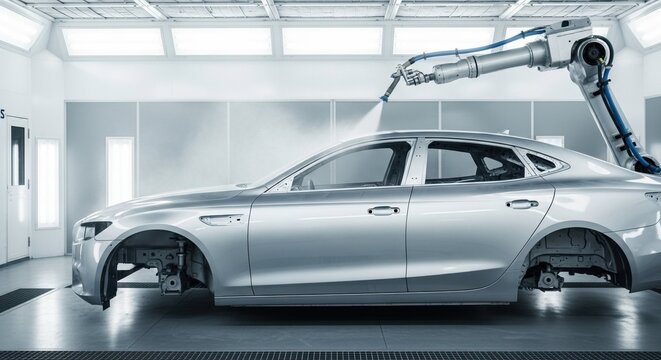 Robotic arm spraying paint on a silver car chassis. Automated vehicle assembly line in a modern industrial paint booth