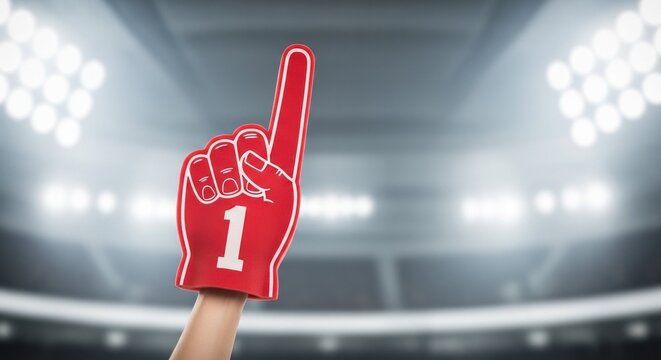 Hand holding a red foam finger with number one in a stadium. Sports fan accessory against blurred floodlights background