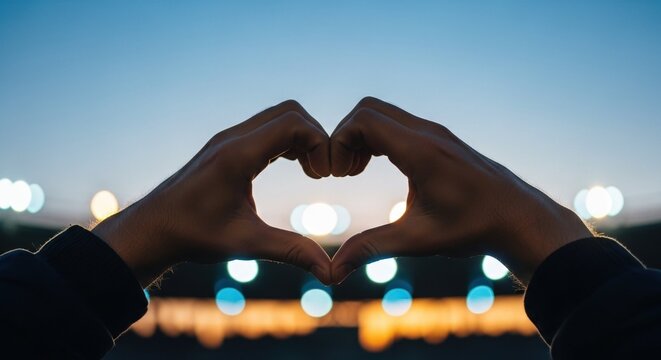 Silhouette of hands forming a heart shape at a stadium. Fan showing love and support at a concert or sports event. Bokeh lights background