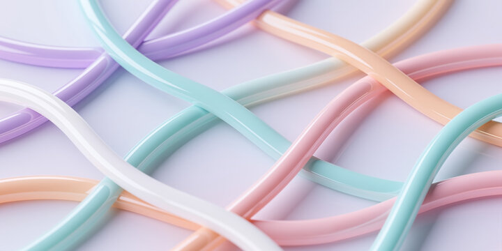 Pastel-colored tubes intertwine and overlap, creating a complex network of smooth, shiny curves in various soft hues against a light purple surface.