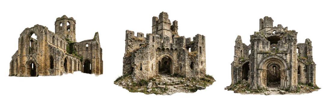 Set of an ancient stone castle ruin featuring crumbling towers, weathered walls, and historical architecture situated on a rocky base, isolated on a transparent background.