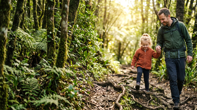 A man walks with his daughter on a dirt path in a forest filled with trees and plants. They hold hands and share smiles during their outdoor adventure