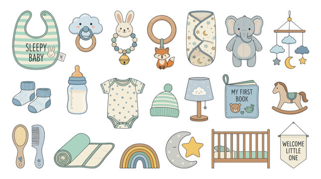 Cute Baby Essentials Collection: Toys, Clothing, and Nursery Decor - Pastel Colors