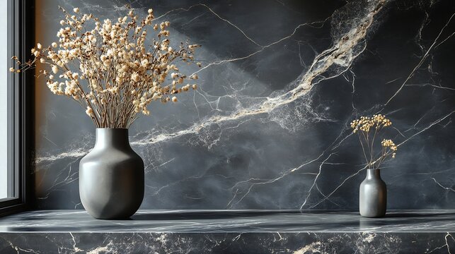 Gray Vases with Dried Flowers on Marble Shelf in Room