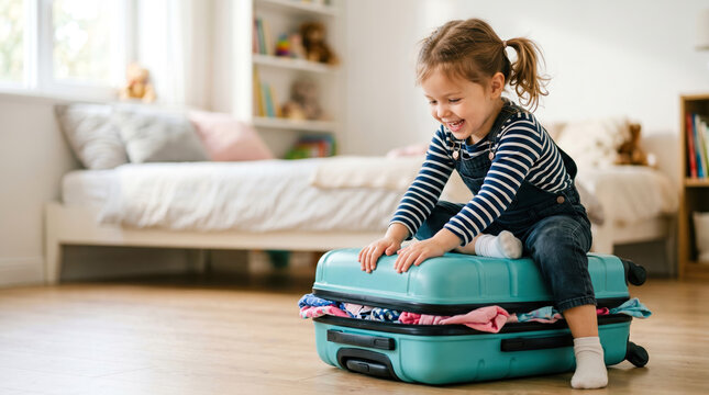 A girl sits on top of a suitcase in a room with natural light coming in. She is packing clothes with a joyful expression. The space has a bed and shelves in the background
