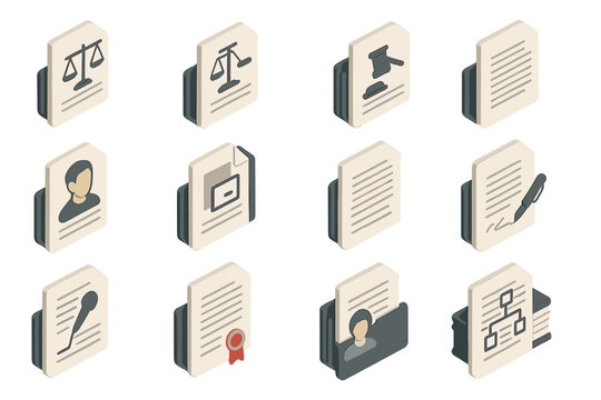 Isometric legal icons representing justice, documents, and law operations