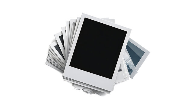 Stack of blank instant photo frames, empty polaroid style prints for memory preservation, nostalgia and photography display elements